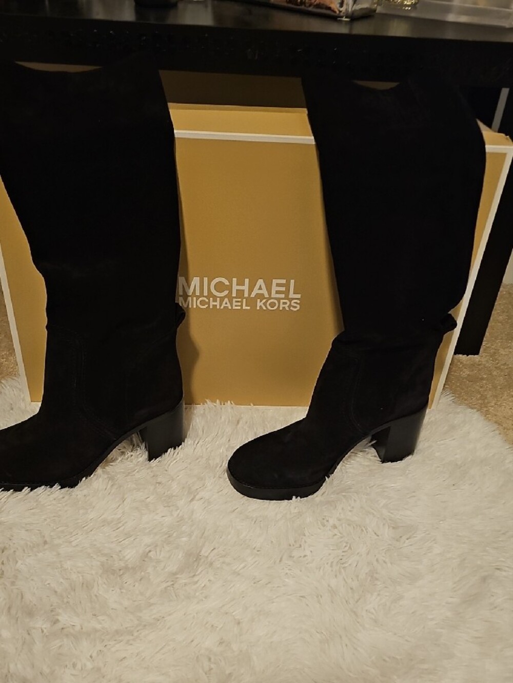 Michael Kors Black Suede Knee-High Block Heel Boots - Picture 2 of 7